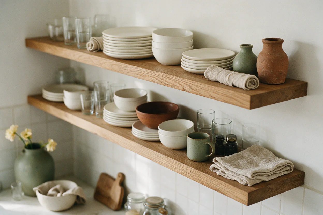 Two thick oak open shelves on a white tiled kitchen wall holding plates, bowls and glasses.