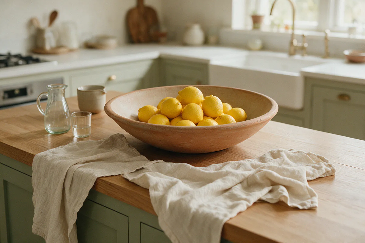 A wide stoneware bowl of lemons in the middle of a kitchen island.