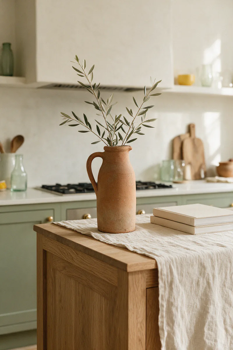 A tall jug with olive branches and two cookbooks at the end of an island.