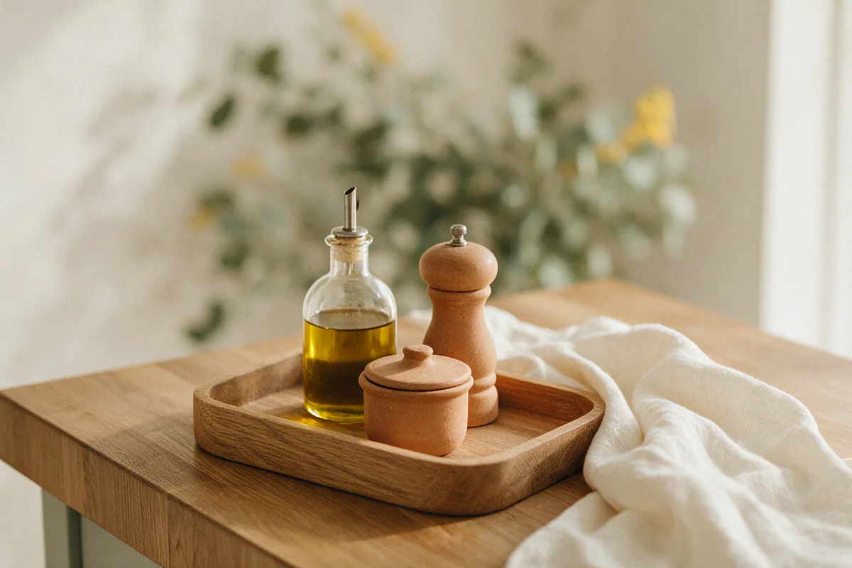 A wooden tray holding olive oil, a salt cellar and a pepper mill.