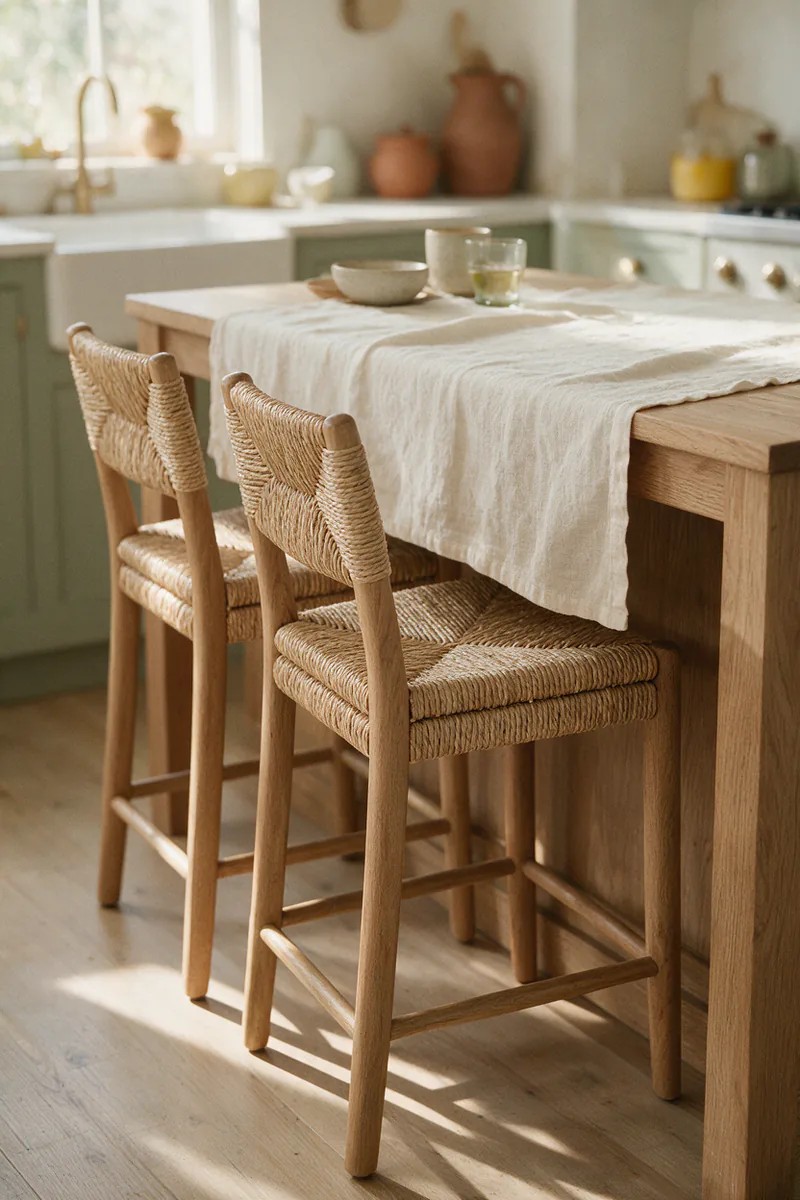 Rattan stools tucked under an oak island with a linen runner on top.