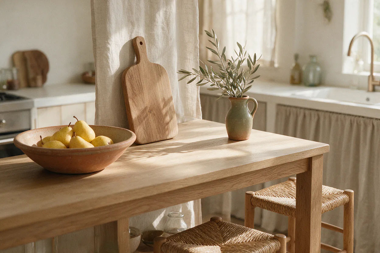 A wooden kitchen island with a large ceramic bowl of pears, a cutting board and a small jug of branches, mostly clear.