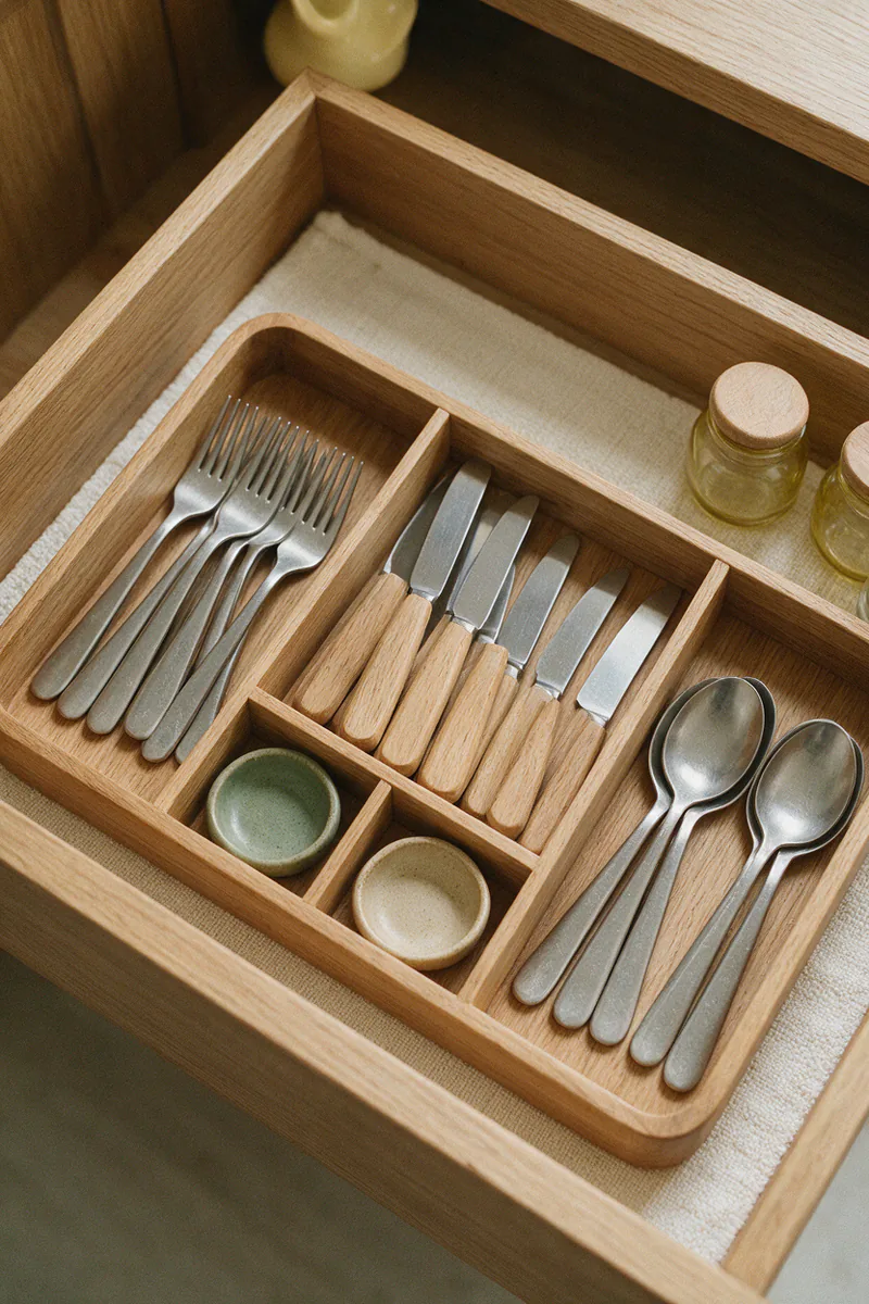 A cutlery drawer with a simple wooden tray and neatly sorted cutlery.