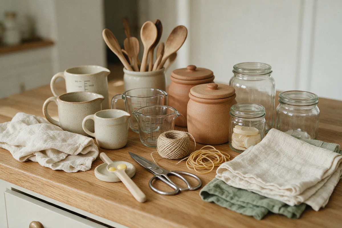 Contents of a kitchen drawer laid out on a counter in groups before organizing.