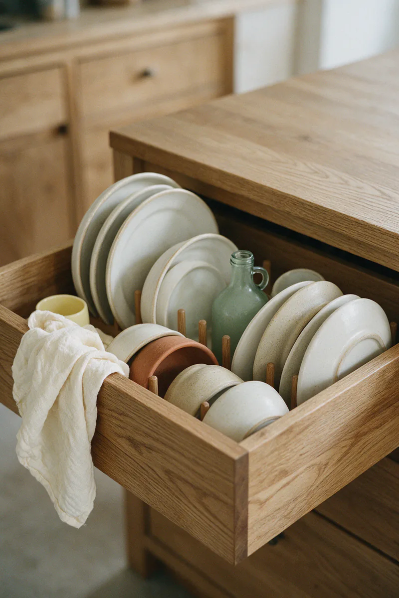 A deep drawer with wooden pegs holding plates and bowls upright.