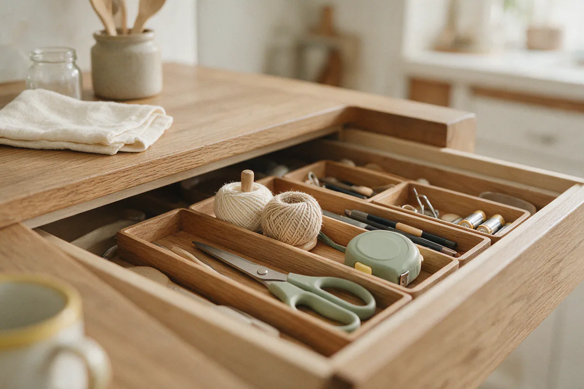 A junk drawer organized with small wooden trays holding scissors, twine and pens.