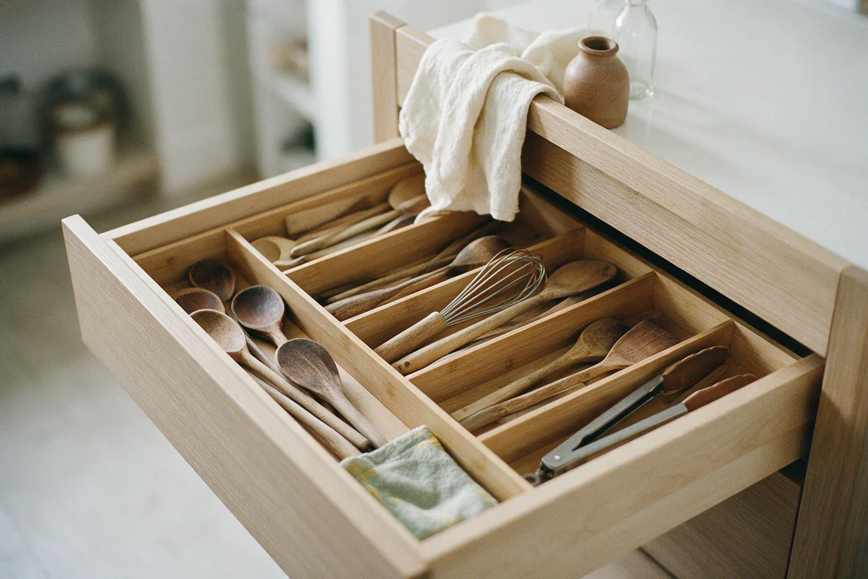 An open kitchen drawer with wooden dividers holding neatly sorted cooking utensils.