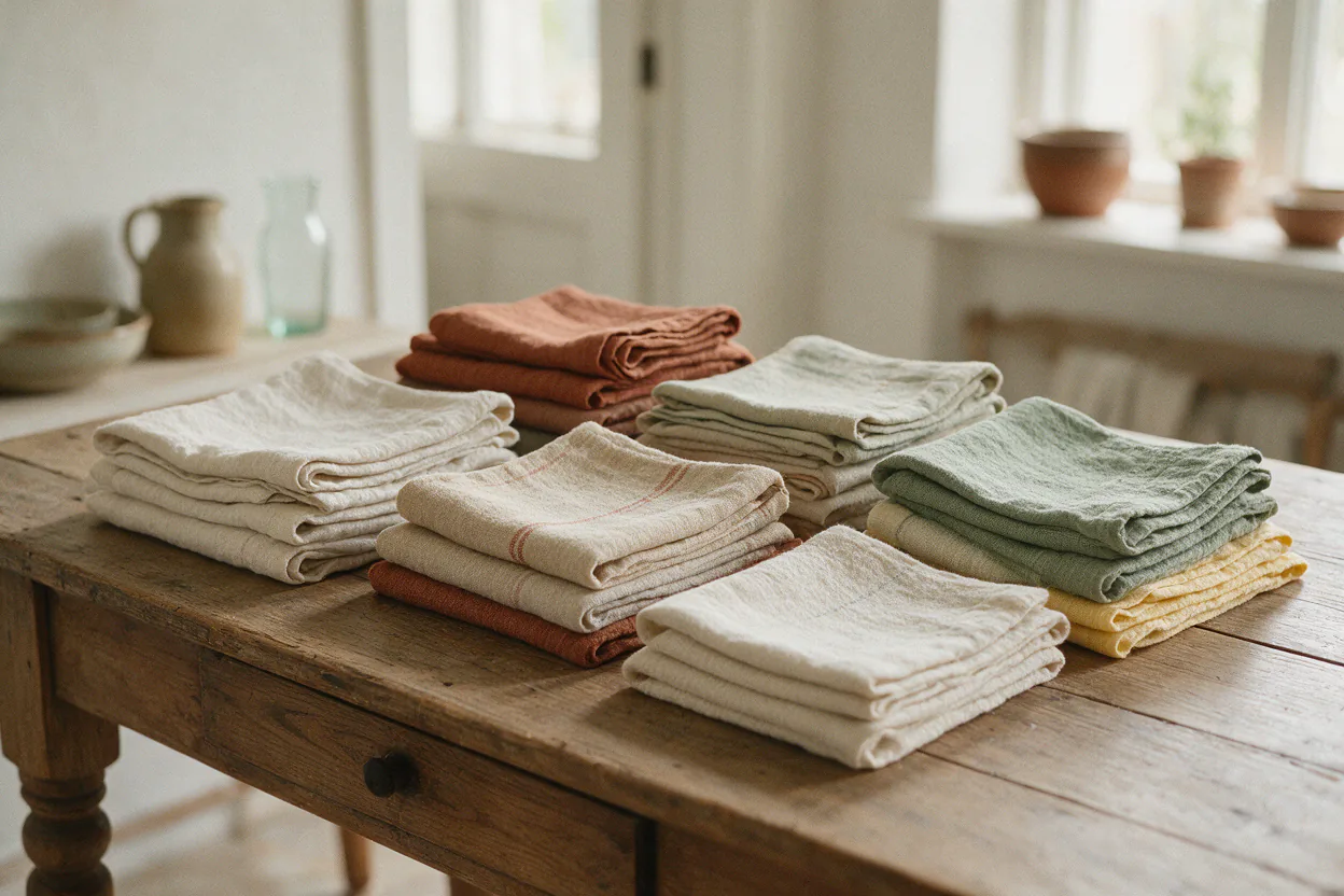 Stacks of folded linen napkins and kitchen towels in oat, rust and sage on a wooden table.