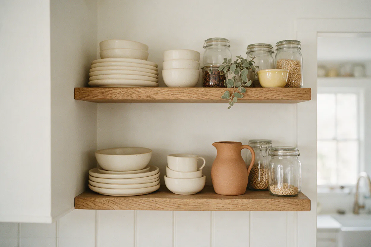 Two open wooden shelves in a kitchen holding stacked white plates, glass jars and a small plant.