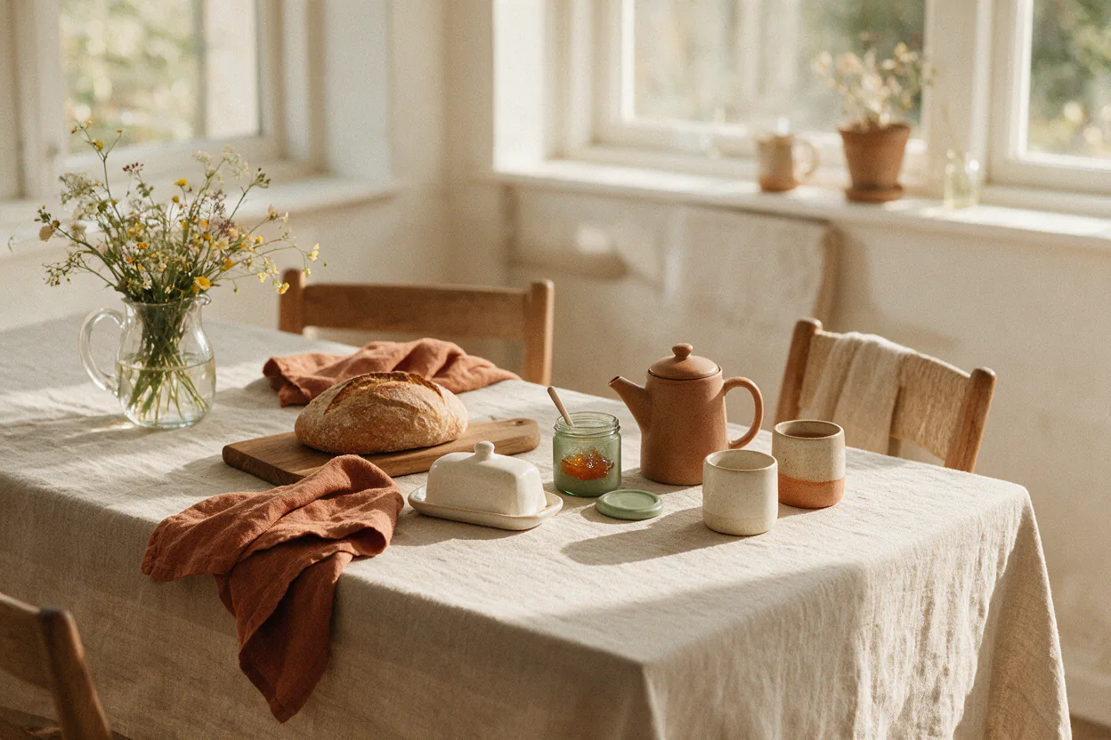 A wooden breakfast table set with linen napkins, a jug of wildflowers, a loaf of bread and a pot of coffee in morning sun.