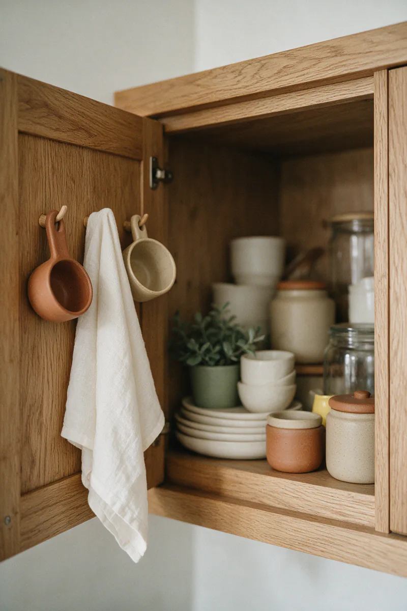 Small hooks inside a cabinet door holding measuring cups and a linen towel.