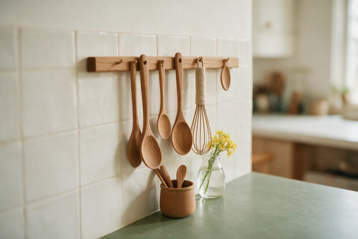 A slim rail above the counter holding a few wooden spoons and a whisk.
