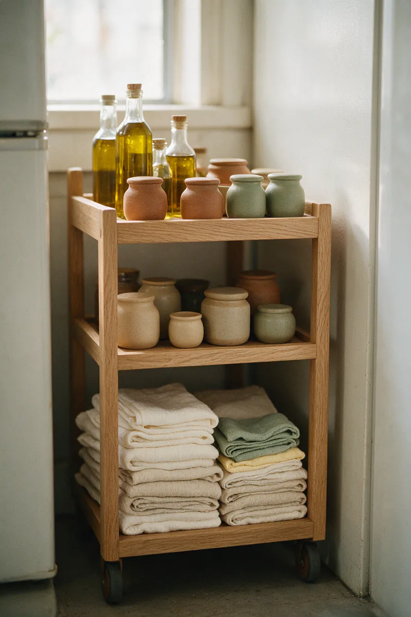 A narrow rolling cart with jars and towels tucked between a fridge and a wall.