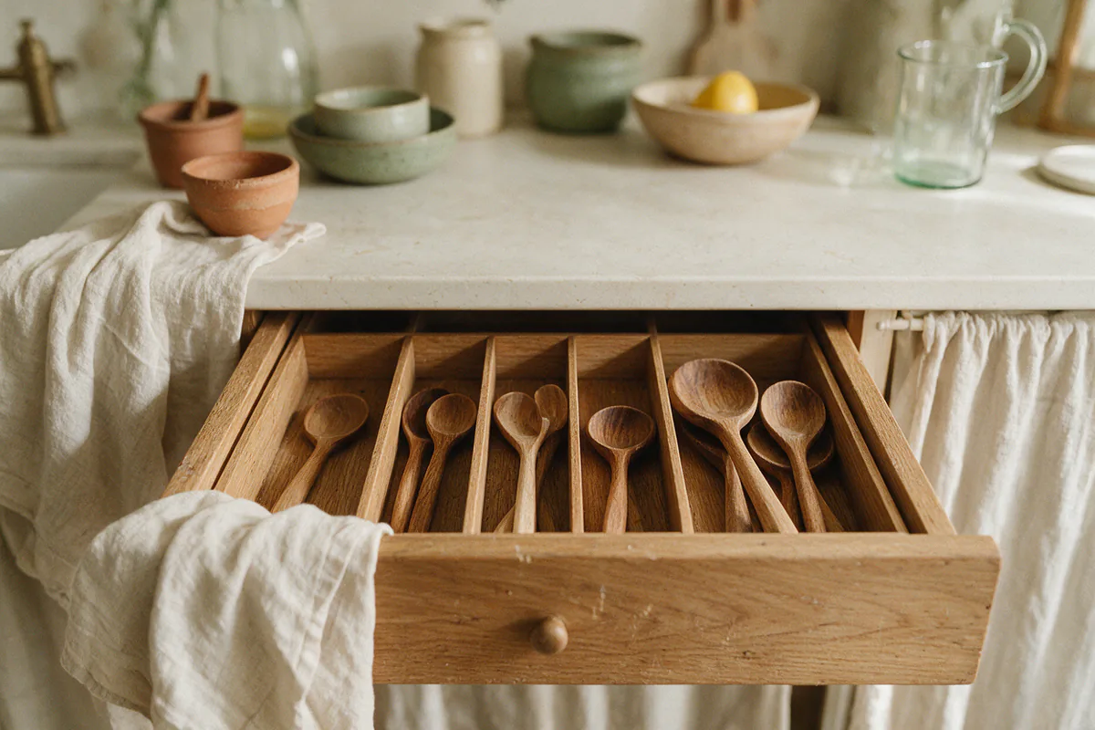 An open drawer with wooden dividers holding utensils, seen from above.