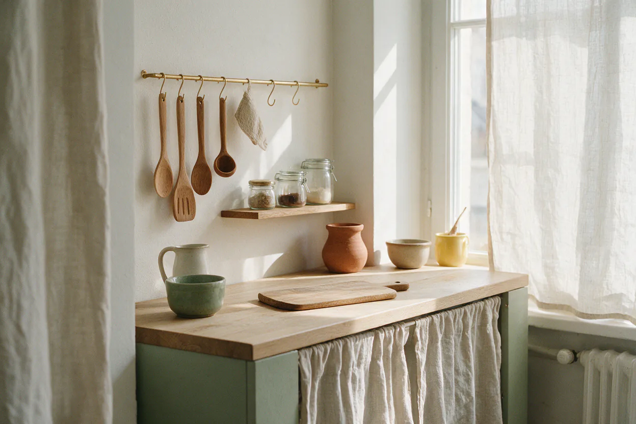A small, tidy kitchen with a wall rail of utensils, a narrow wooden shelf of jars and a clear counter in soft daylight.