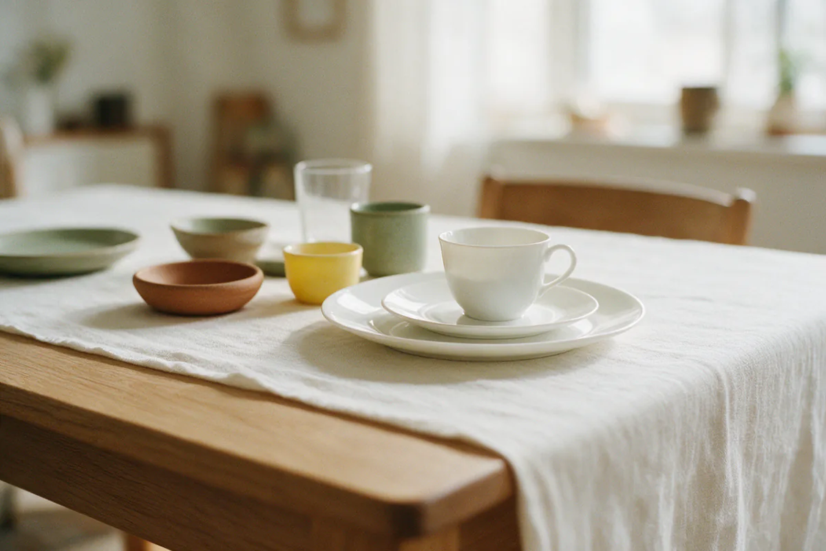 Thin white porcelain plates and a cup on a linen tablecloth.