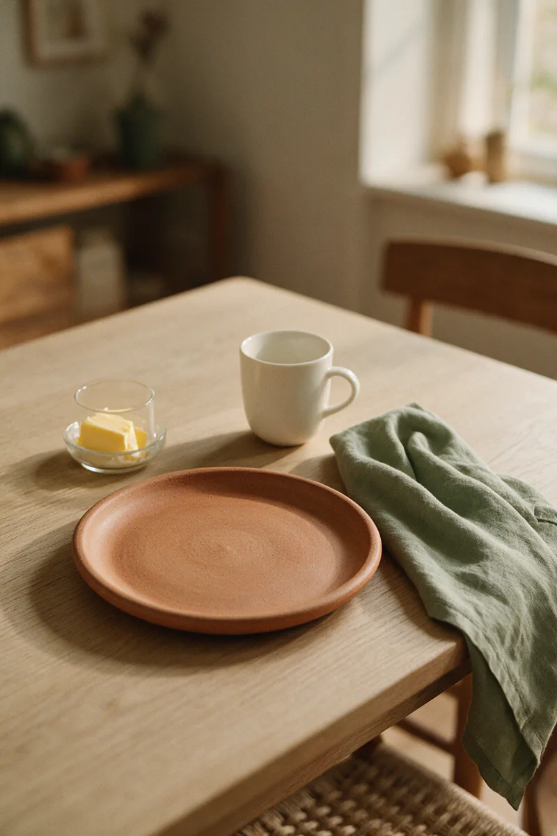 A place setting with a stoneware plate, a porcelain cup and a linen napkin.