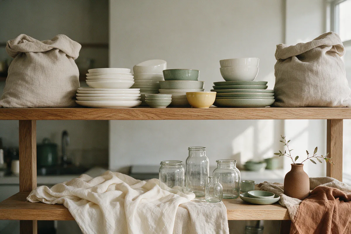 Stacks of stoneware and porcelain dinnerware on an open shelf.