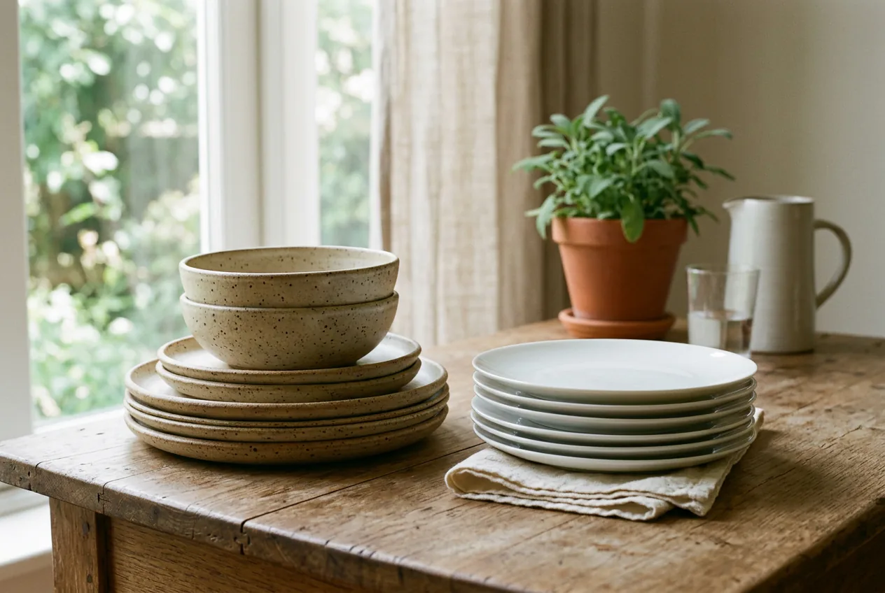 A stack of speckled stoneware plates next to a stack of thin white porcelain plates on a wooden table.