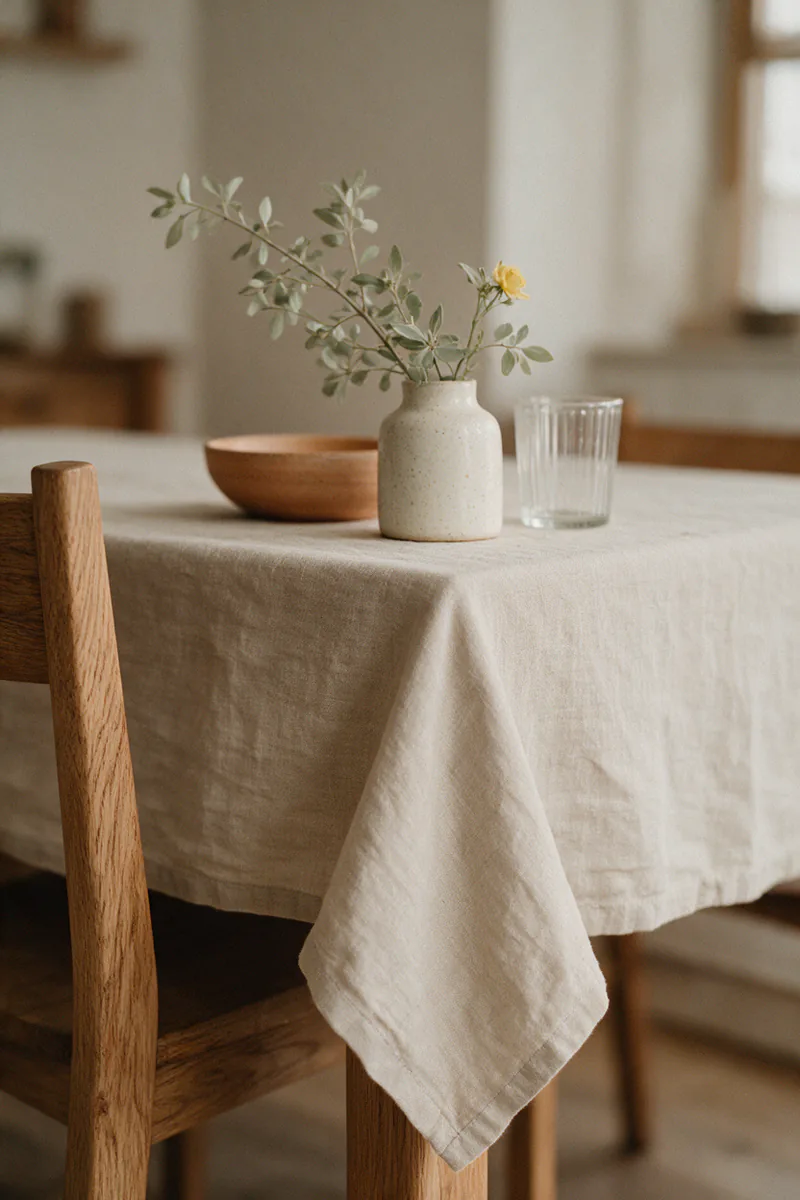 The corner of a table with a linen tablecloth hanging with a soft drop.