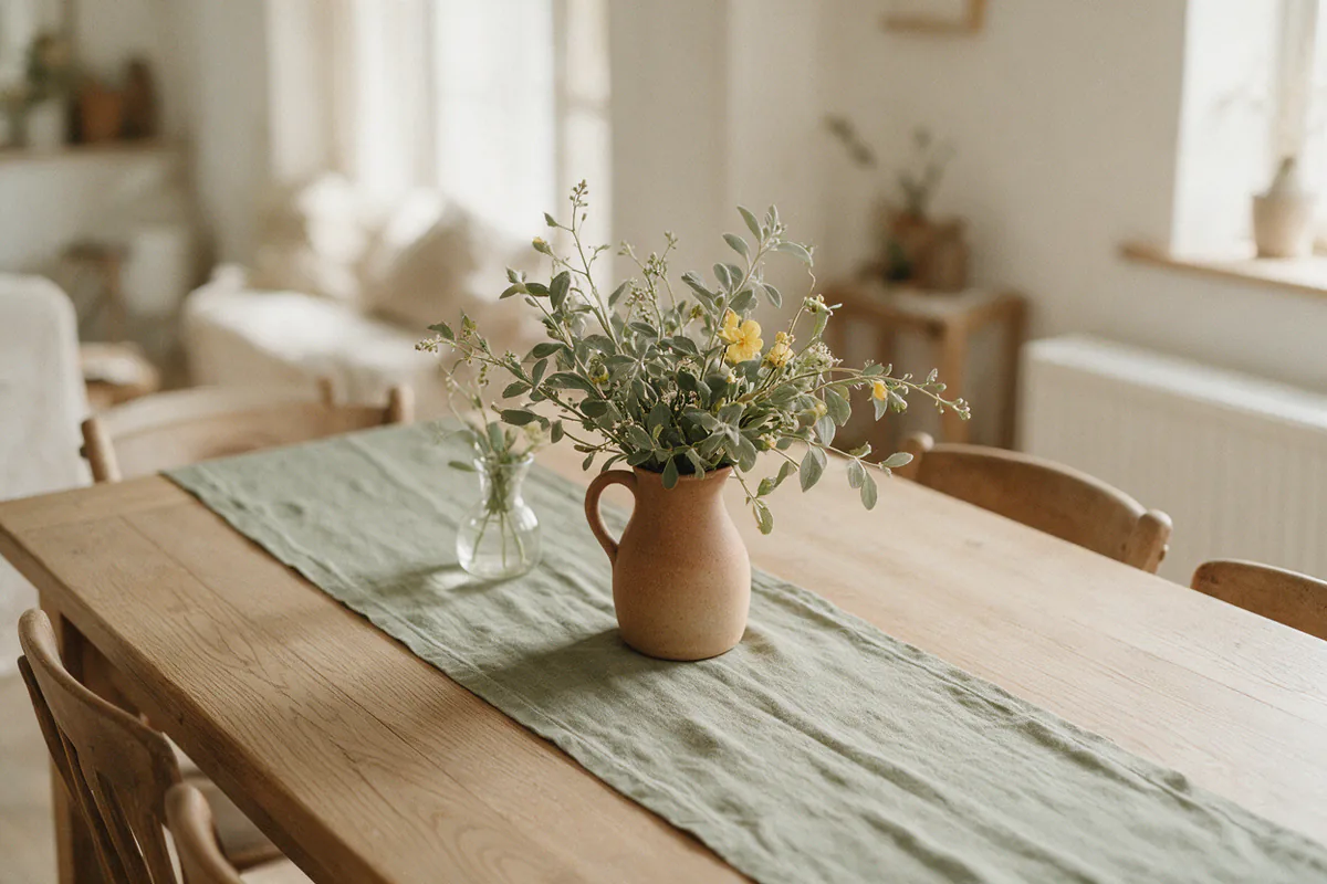 A narrow sage linen runner on a bare oak table with a jug of flowers.