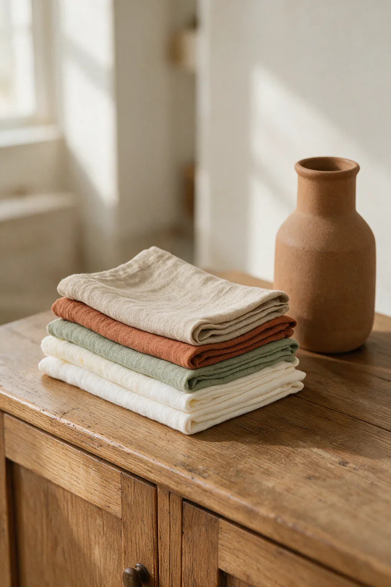 A stack of linen napkins in oat, rust, sage and cream.