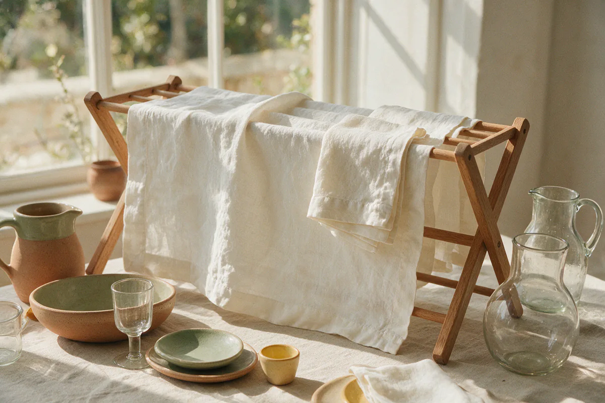 A linen tablecloth and napkins drying on a rack by a sunny window.