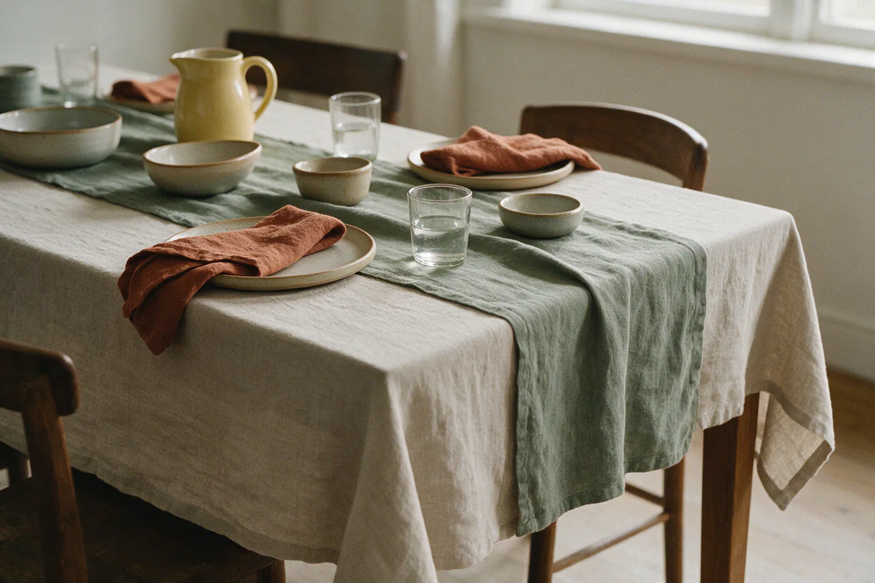 A wooden dining table with an oat linen tablecloth, a sage runner and folded rust napkins at each place.