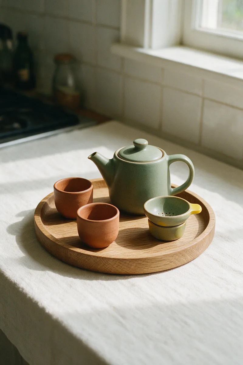 A wooden tray with a teapot, two cups and a strainer on a kitchen counter.