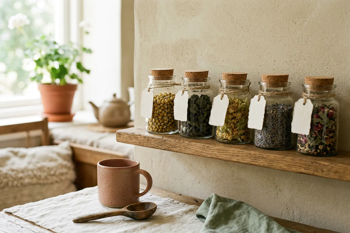 Small glass jars of loose tea and dried herbs on a narrow wooden shelf.