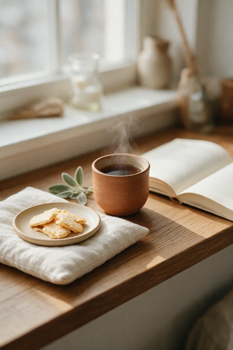 A cup of tea with biscuits and an open book on a sunny windowsill.