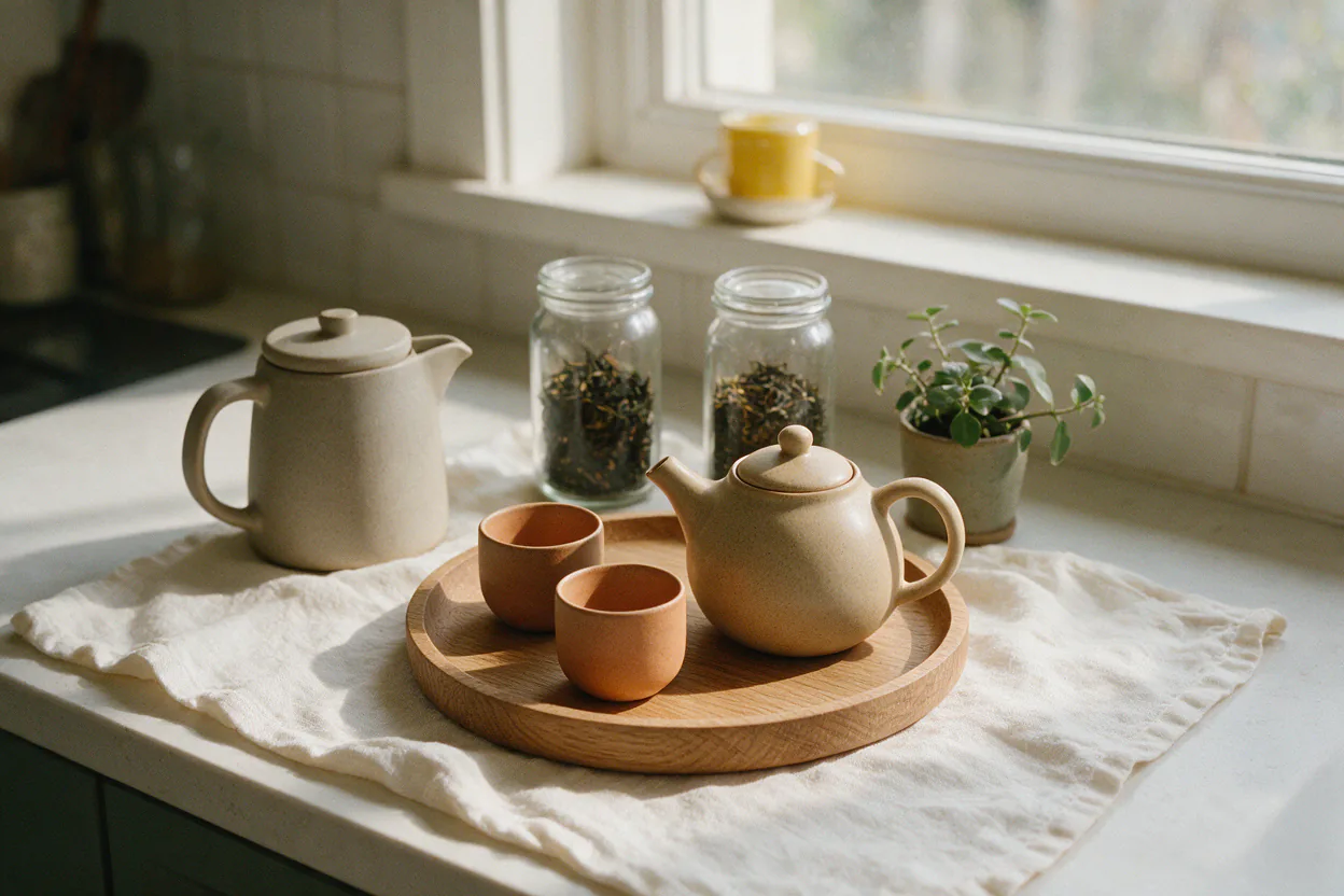 A small tea corner on a kitchen counter with a kettle, a ceramic teapot, glass jars of loose tea and a cup on a wooden tray.