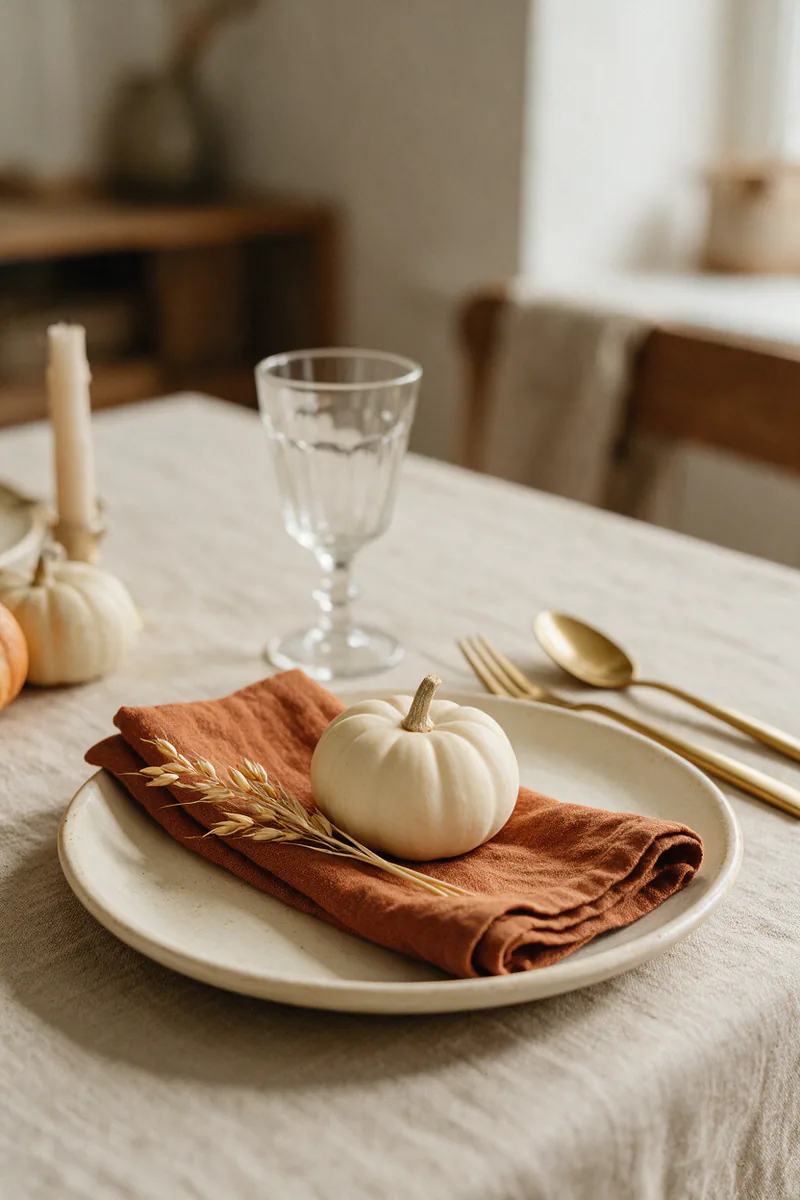 A Thanksgiving place setting with a rust linen napkin, a small white pumpkin and dried wheat.