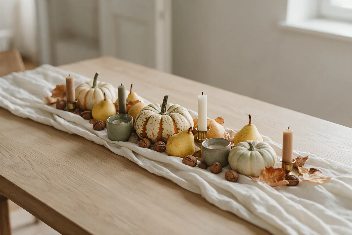 A low centerpiece of small pumpkins, pears, walnuts and short candles down a wooden table.