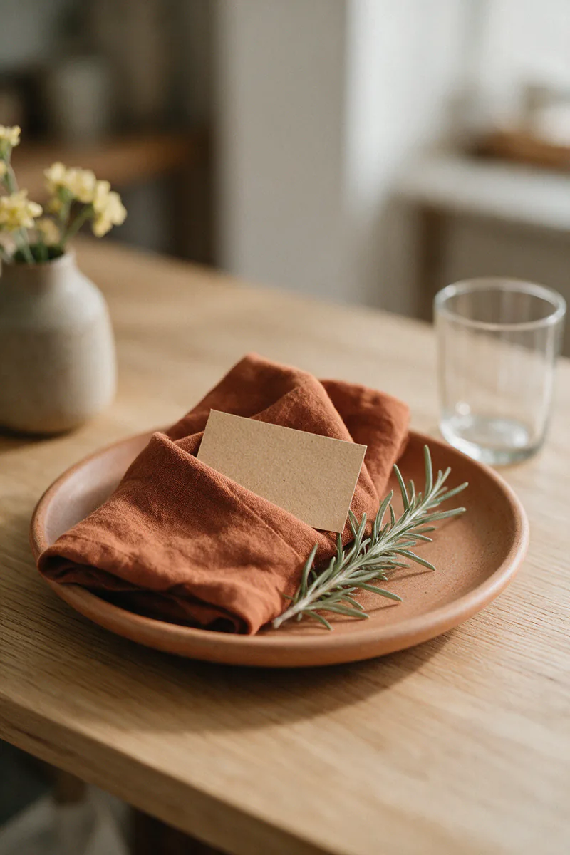 A blank kraft card tucked into a rust linen napkin with a sprig of rosemary.