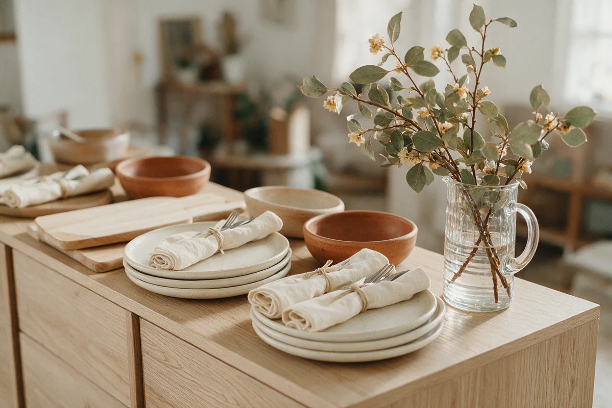 A simple buffet on a sideboard with stacked plates, rolled linen napkins and empty serving bowls.
