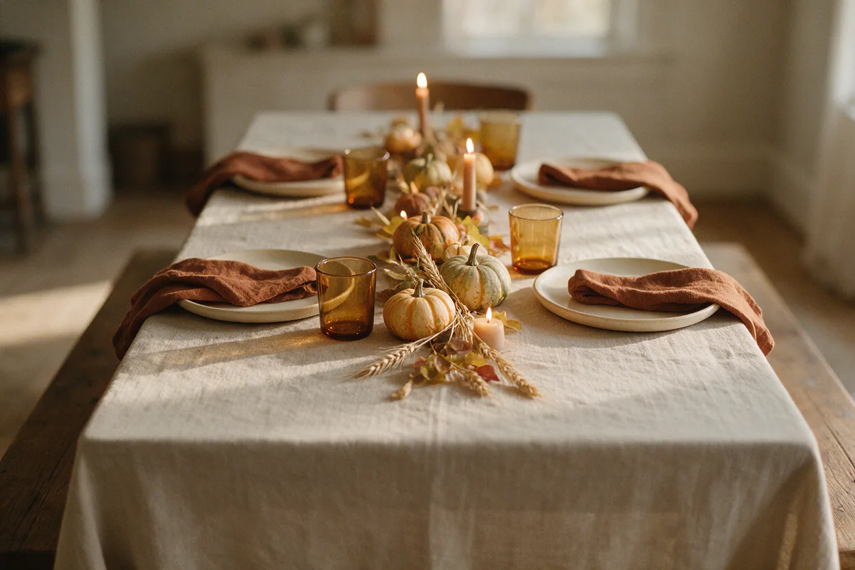A long wooden table set for Thanksgiving with rust linen napkins, small pumpkins down the middle and candles.