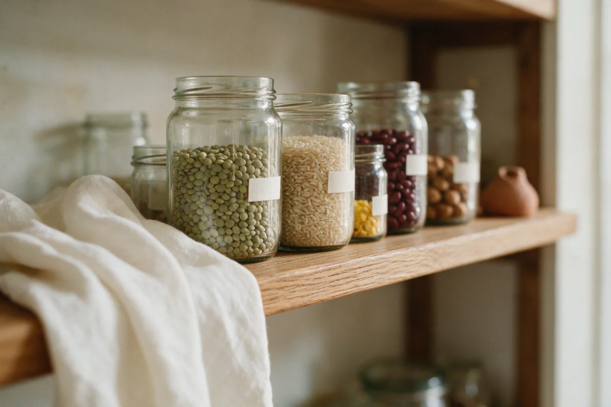 Reused glass jars of lentils, rice and beans on a wooden shelf.