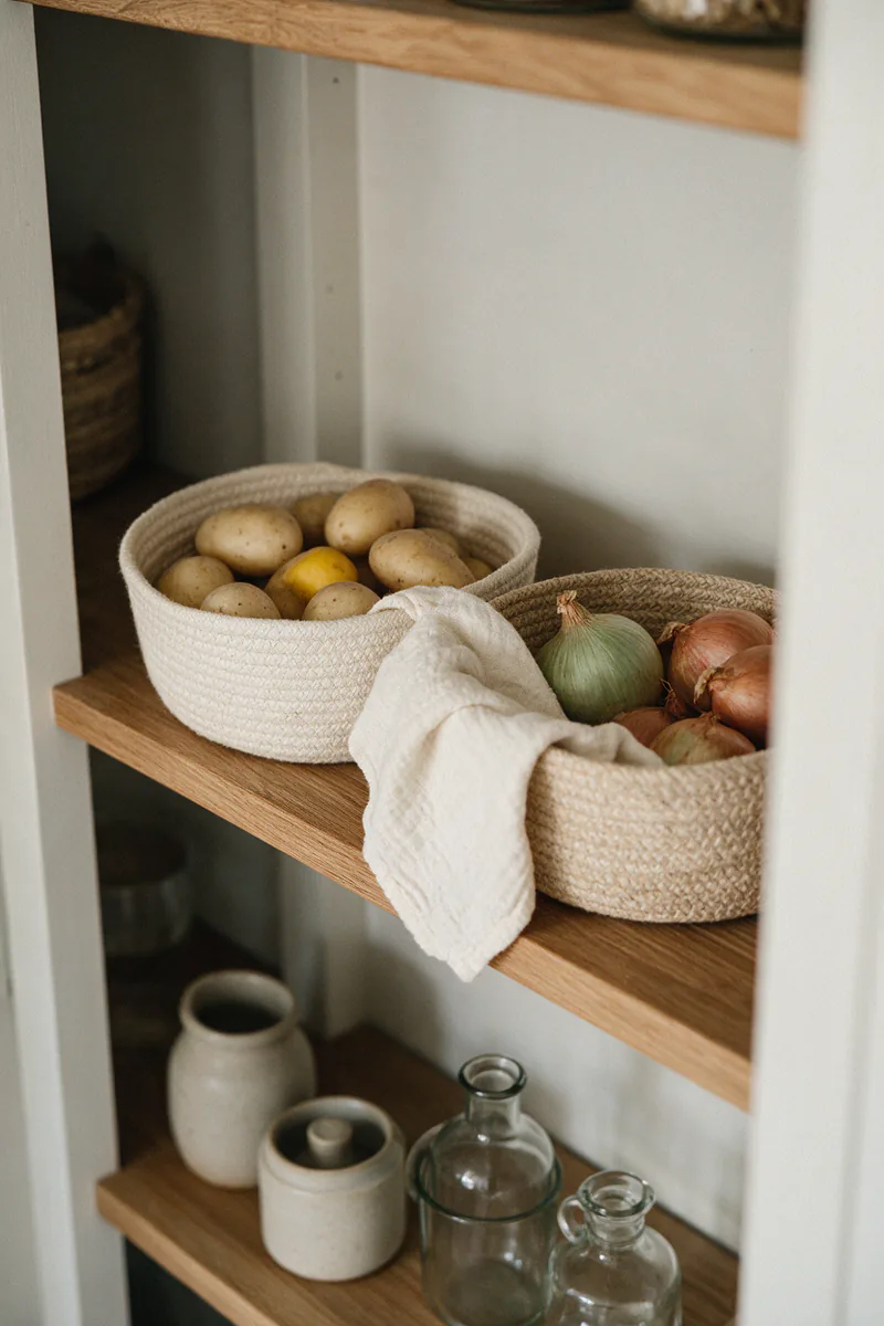 Woven baskets of potatoes and onions on a pantry shelf.