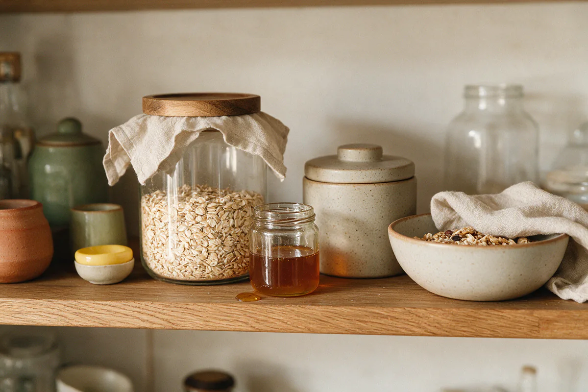 An eye-level shelf with breakfast items grouped together.