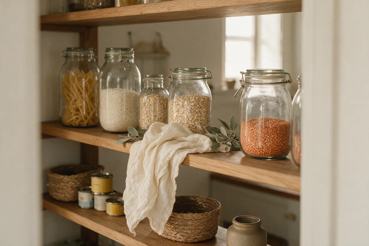 Wooden pantry shelves with reused glass jars of pasta, rice and oats, woven baskets and plenty of space.