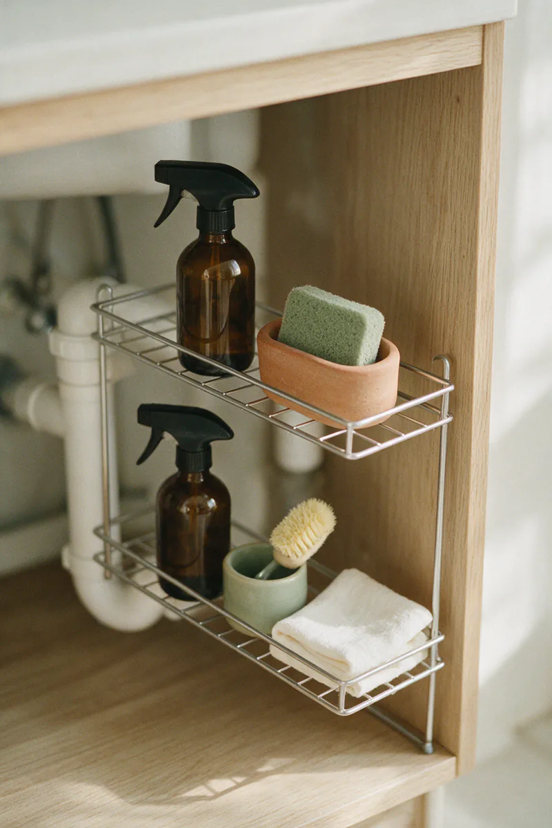 A two-tier shelf fitted around the pipes holding glass spray bottles and sponges.