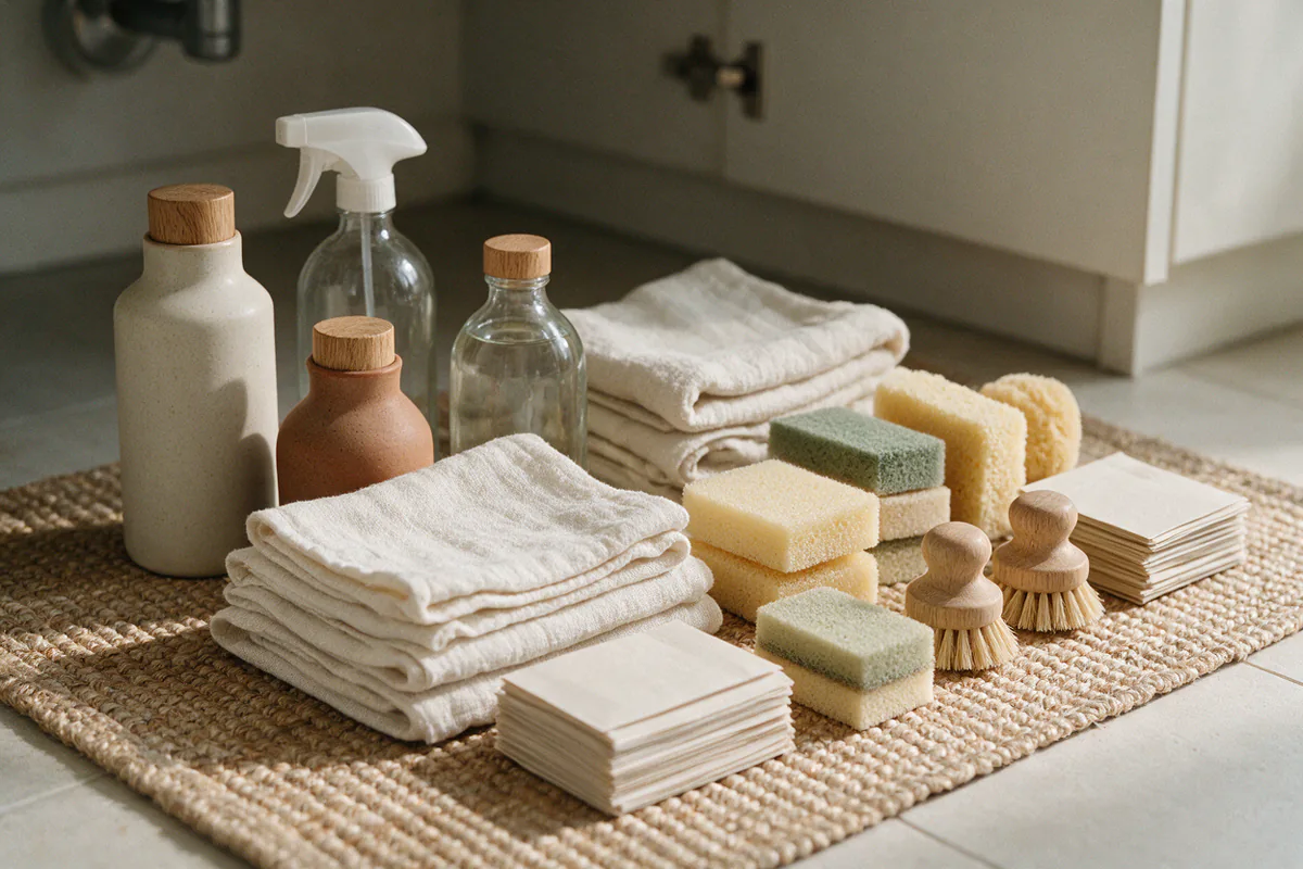 Under-sink cabinet contents laid out in tidy groups on a floor mat.