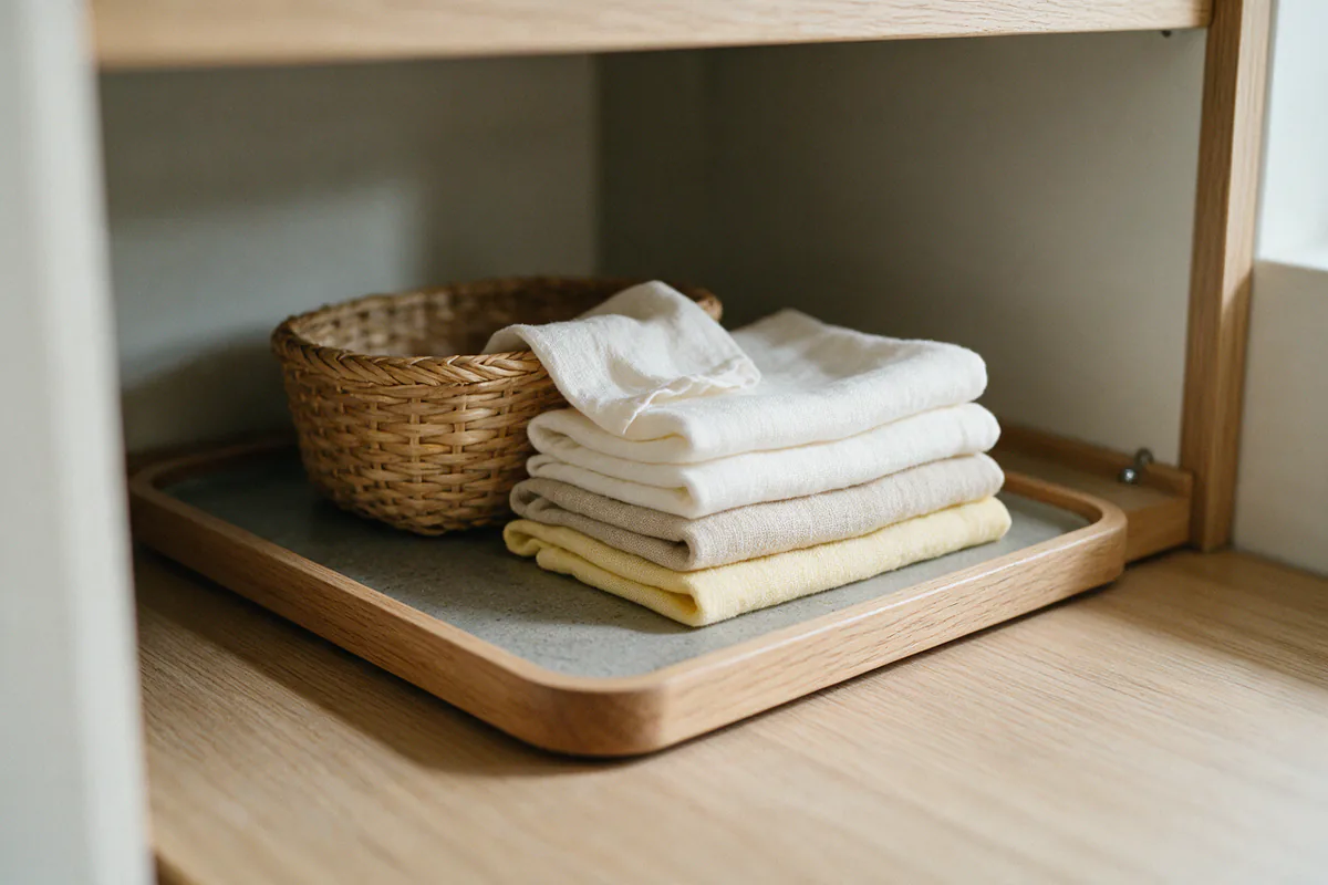 A shallow waterproof tray lining the cabinet base with a basket and cloths on top.