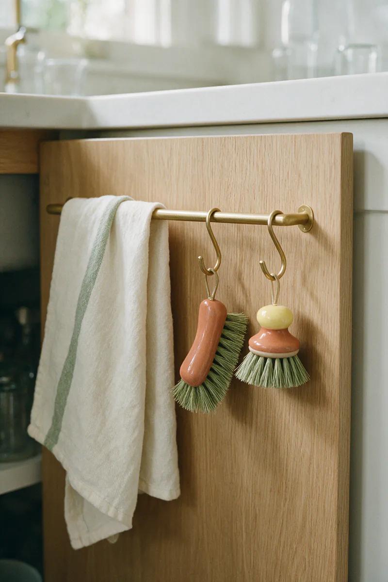 The inside of the cabinet door with a rail holding a towel and hooks with brushes.