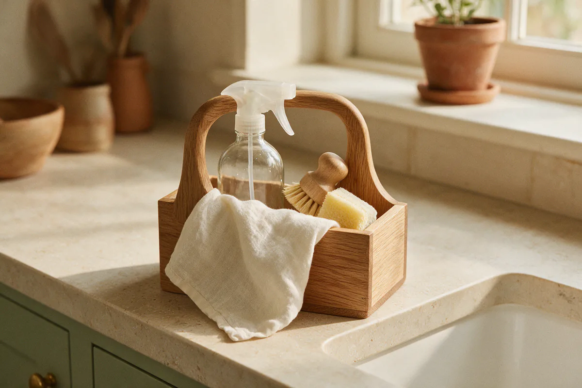 A small wooden caddy with a glass spray bottle, a dish brush, a sponge and a cloth.