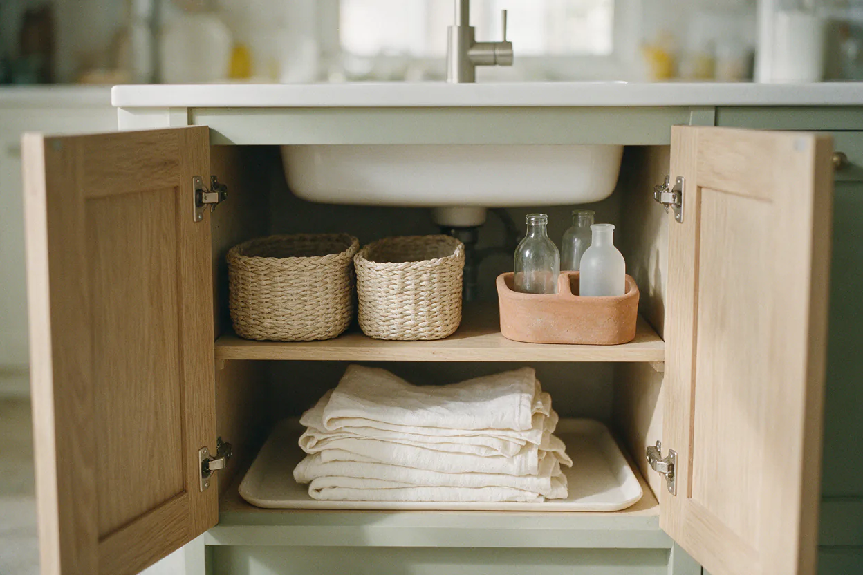An open cabinet under a kitchen sink with tidy baskets, a small caddy and spare towels.