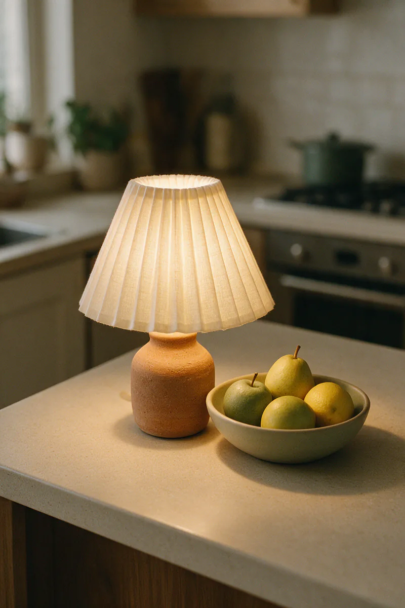 A small ceramic lamp with a linen shade glowing on a kitchen counter.