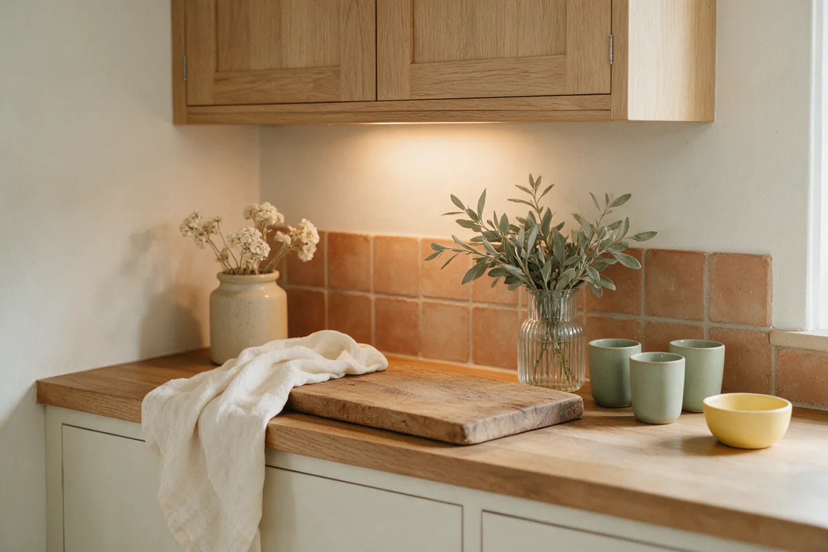 Warm under-cabinet light washing over a tile backsplash and wooden counter.