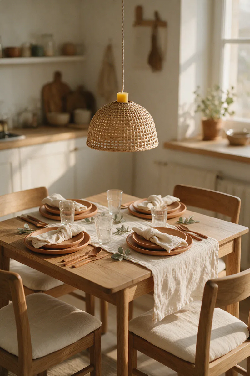 A woven rattan pendant hanging low over a small dining table.